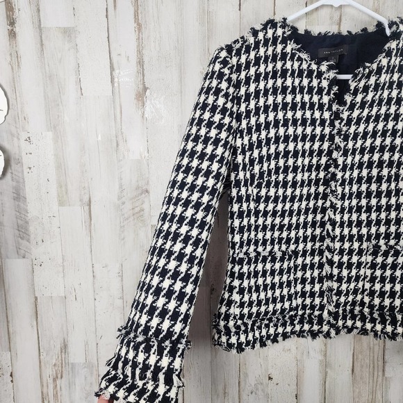 Ann Taylor Houndstooth Fringe Blazer Jacket Black White Size 4 - Picture 6 of 13